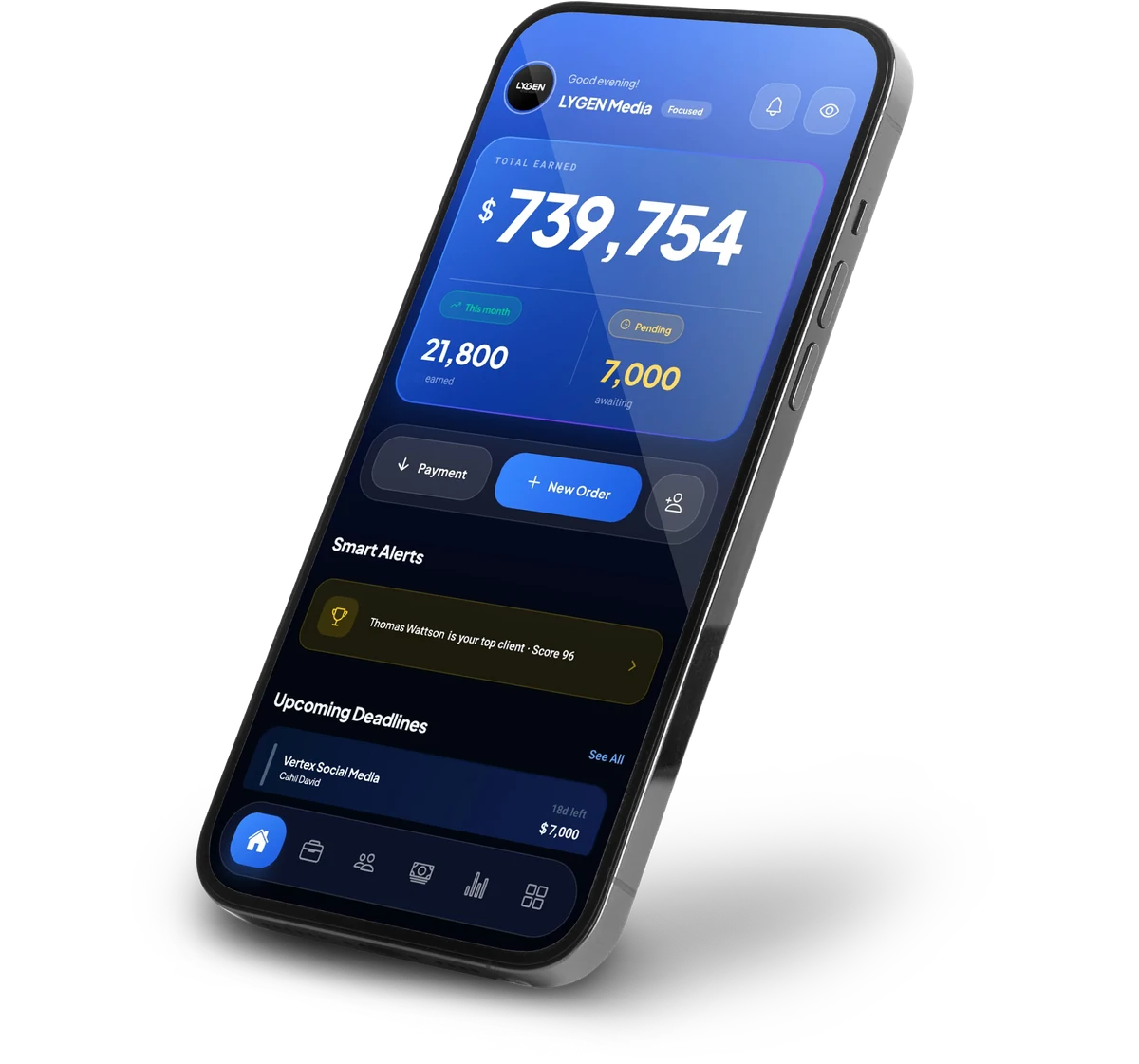 The FreelanceDesk app dashboard on a phone
